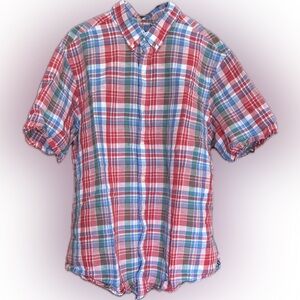 Chaps Shirt Mens Plaid Linen Cotton Button Down Short Sleeve Shirt Size XL